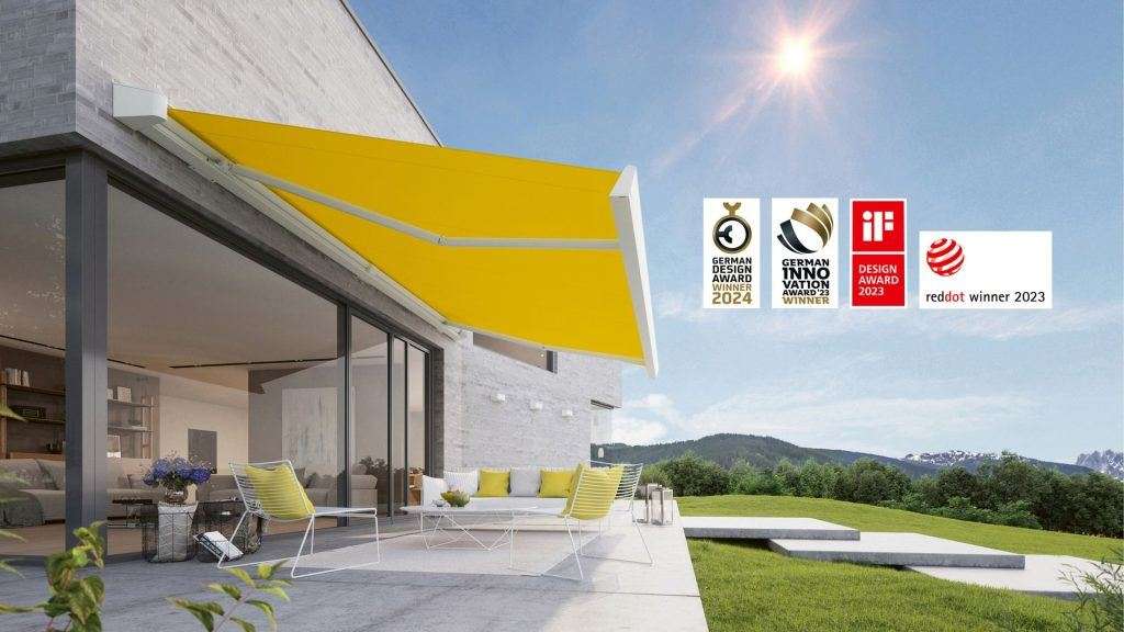 markilux mx 4 in weiss mit gelben tuch und reddot gewinnerlogo
