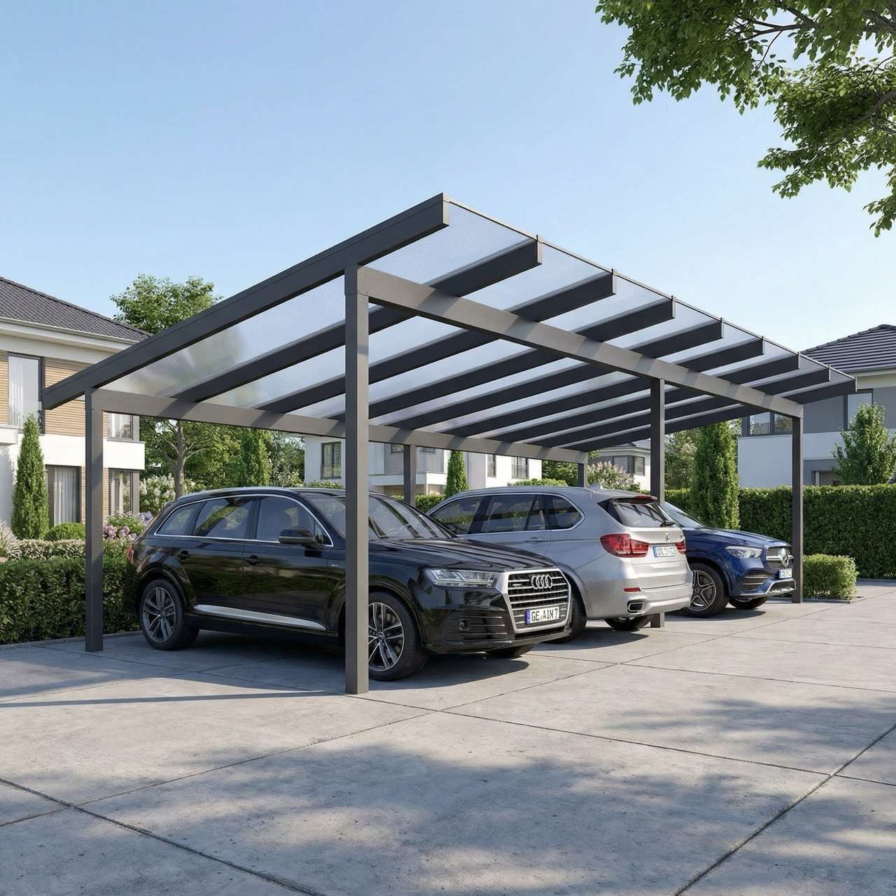 Carport aus Aluminium neben einem Wohnhaus