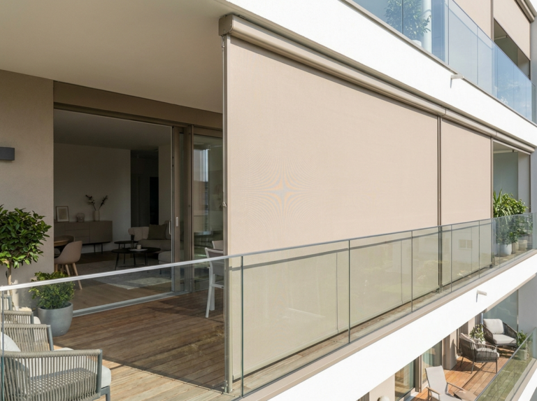 Senkrechtmarkise als Sicht- und Sonnenschutz am Balkon – Leiner CANTO SZ / markilux format