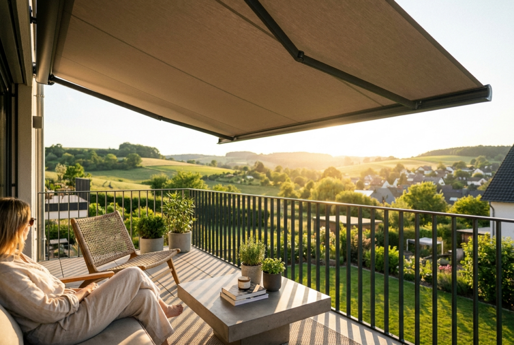 Balkonmarkise im Eifel-Stil – Schatten auf dem Balkon, Sonne auf der Landschaft