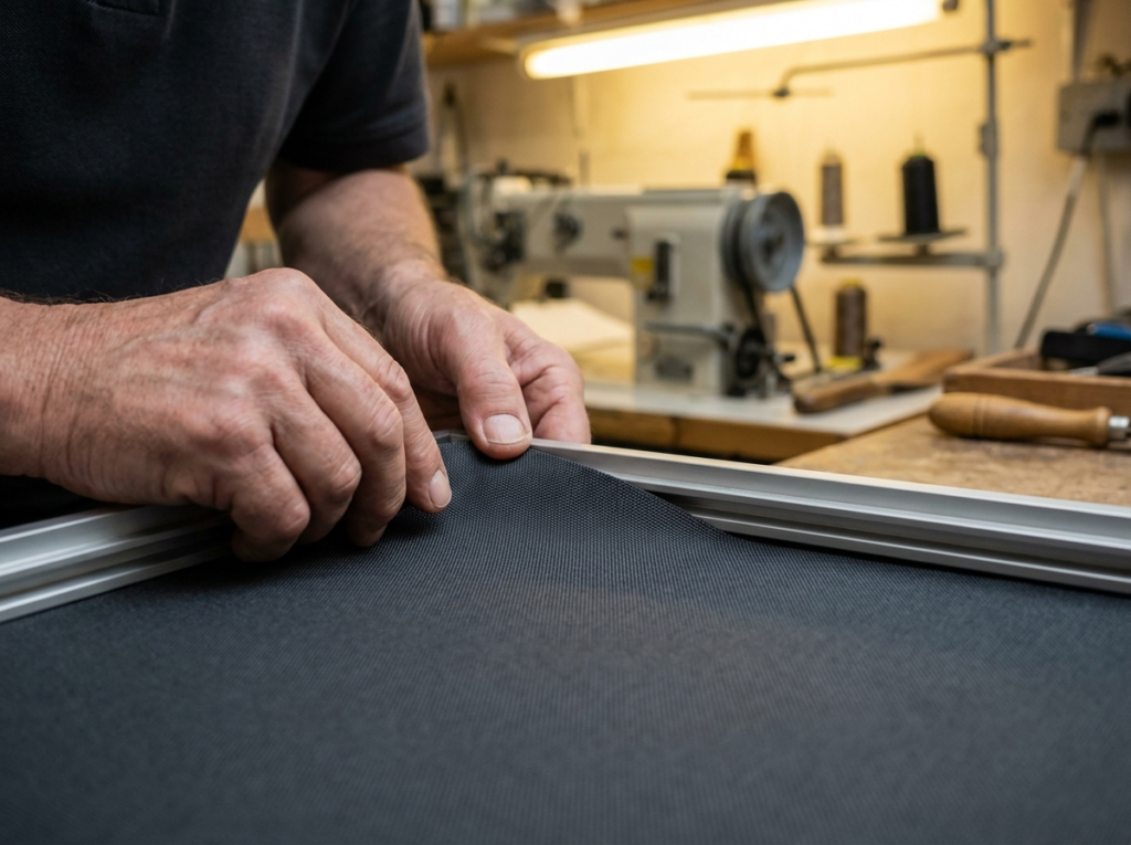 Handwerker spannt ein neues Markisentuch in das Aluminiumprofil einer Markise