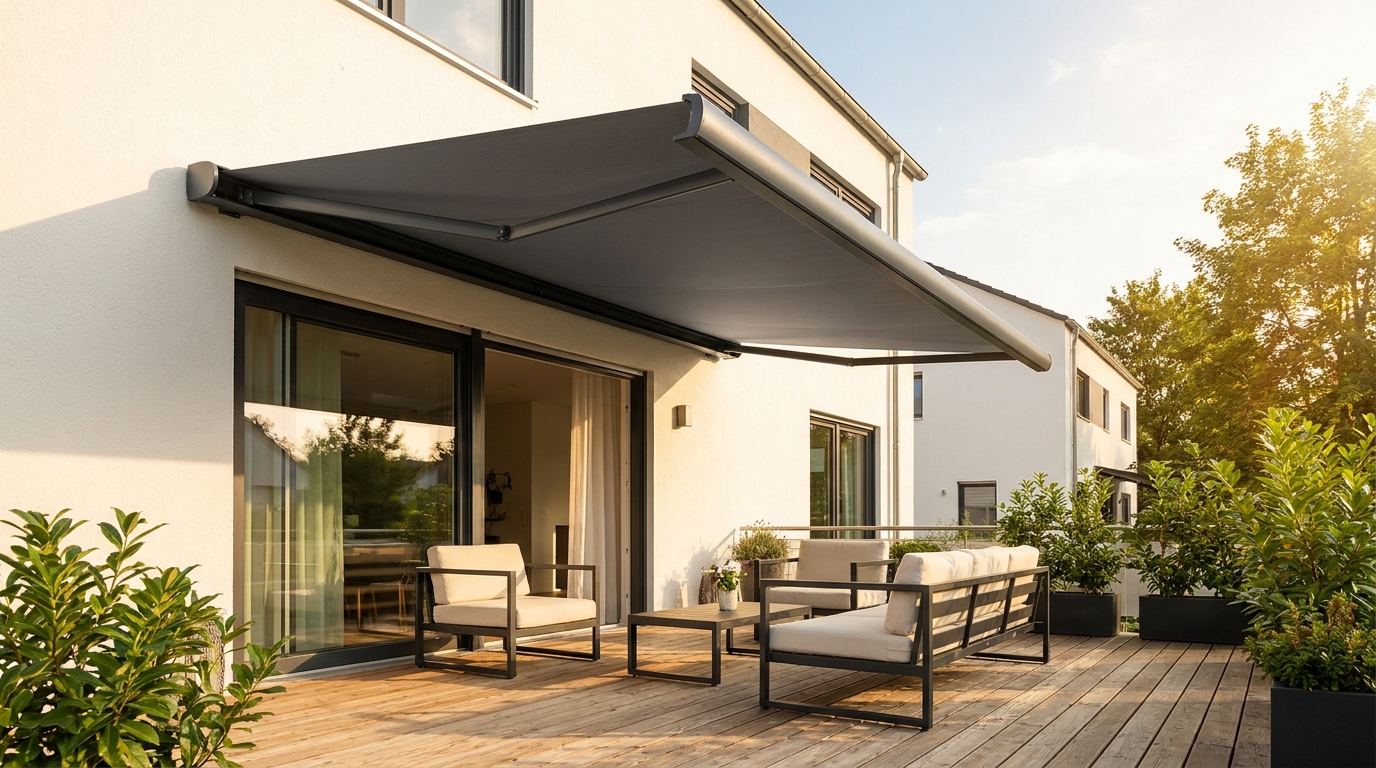Leiner CENTO Vollkassettenmarkise 4x3 m horizontal ausgefahren über einer Terrasse