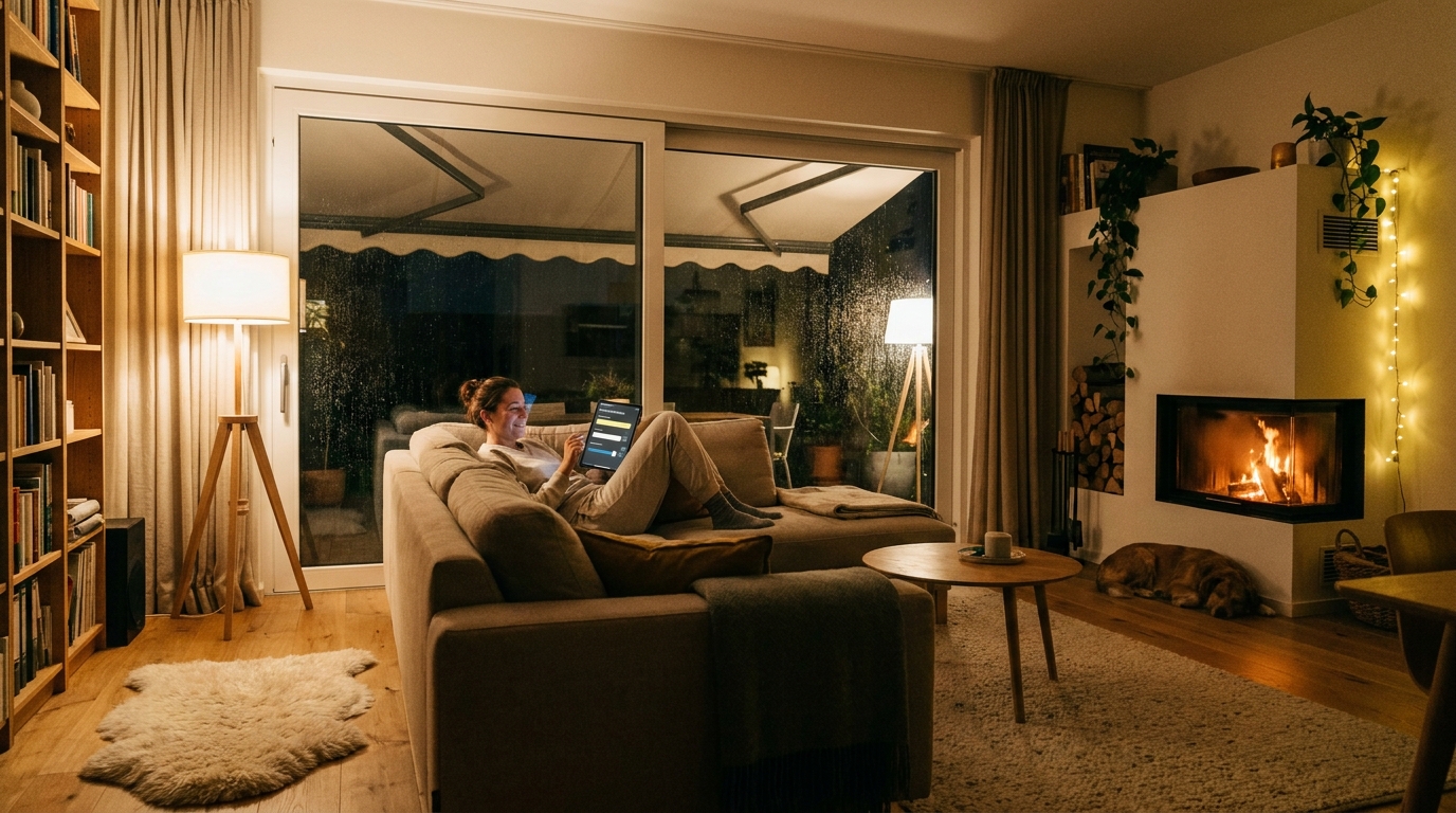 Markise per Smart-Home-App auf dem Tablet steuern