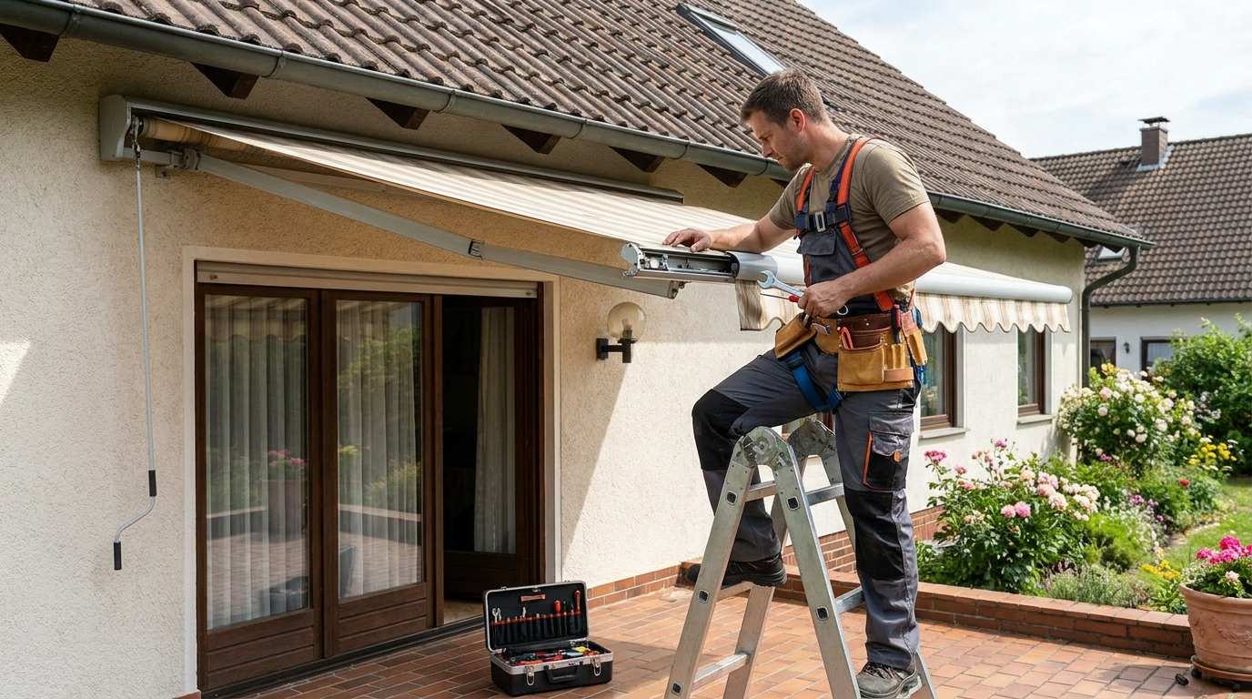 Techniker repariert eine Terrassenmarkise