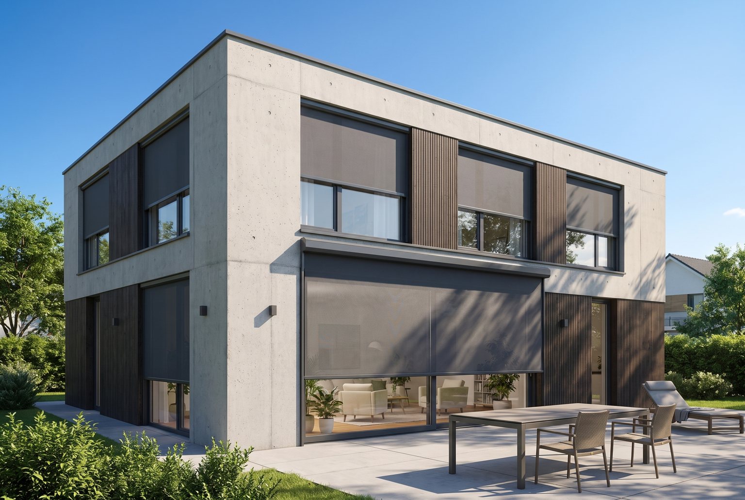 Modernes Haus mit außen liegenden Senkrechtmarkisen an mehreren Fenstern als sommerlicher Hitzeschutz