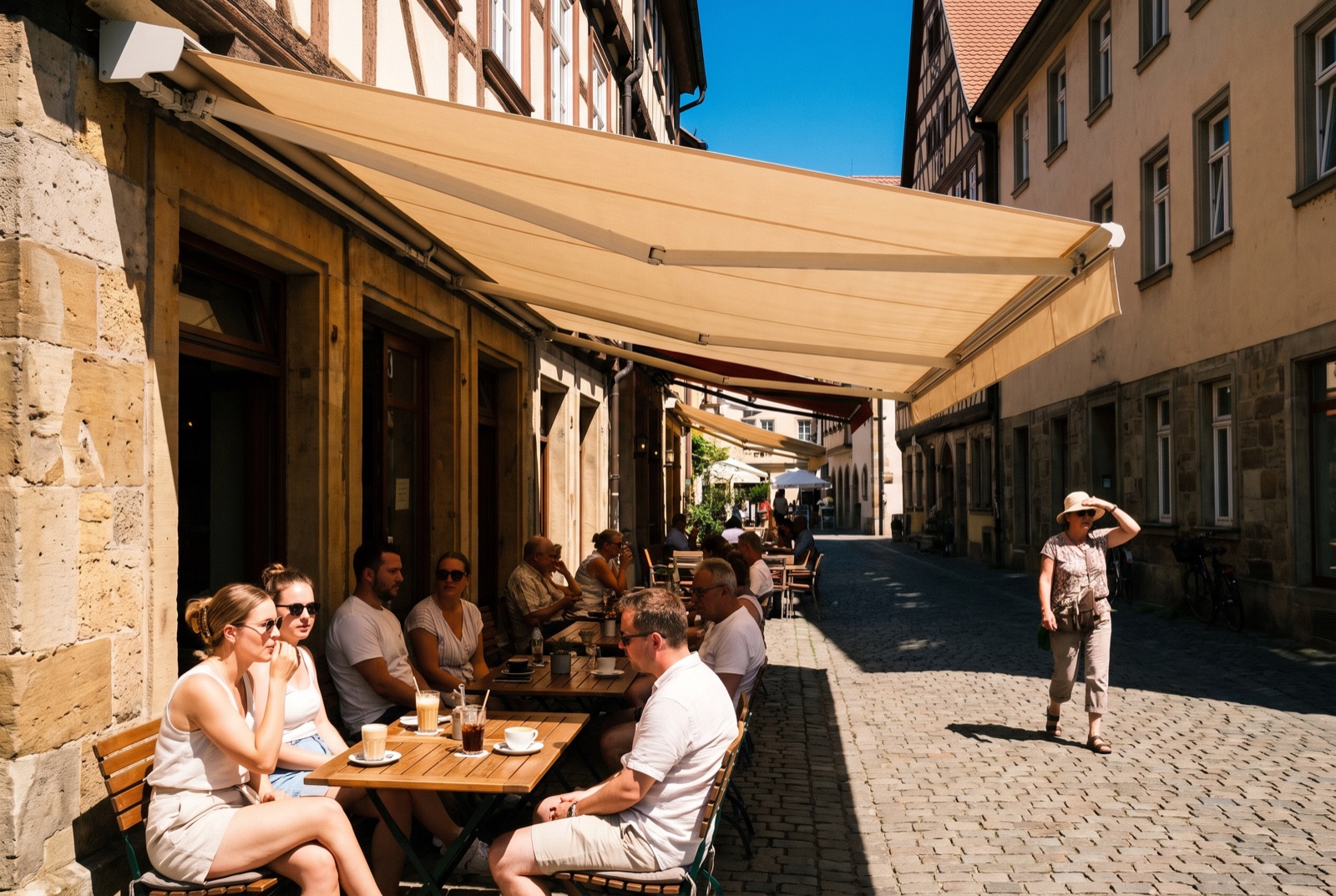 Außengastronomie auf dem öffentlichen Gehweg: Die Markise wirft an einem Sommertag klaren Schatten über die Tische
