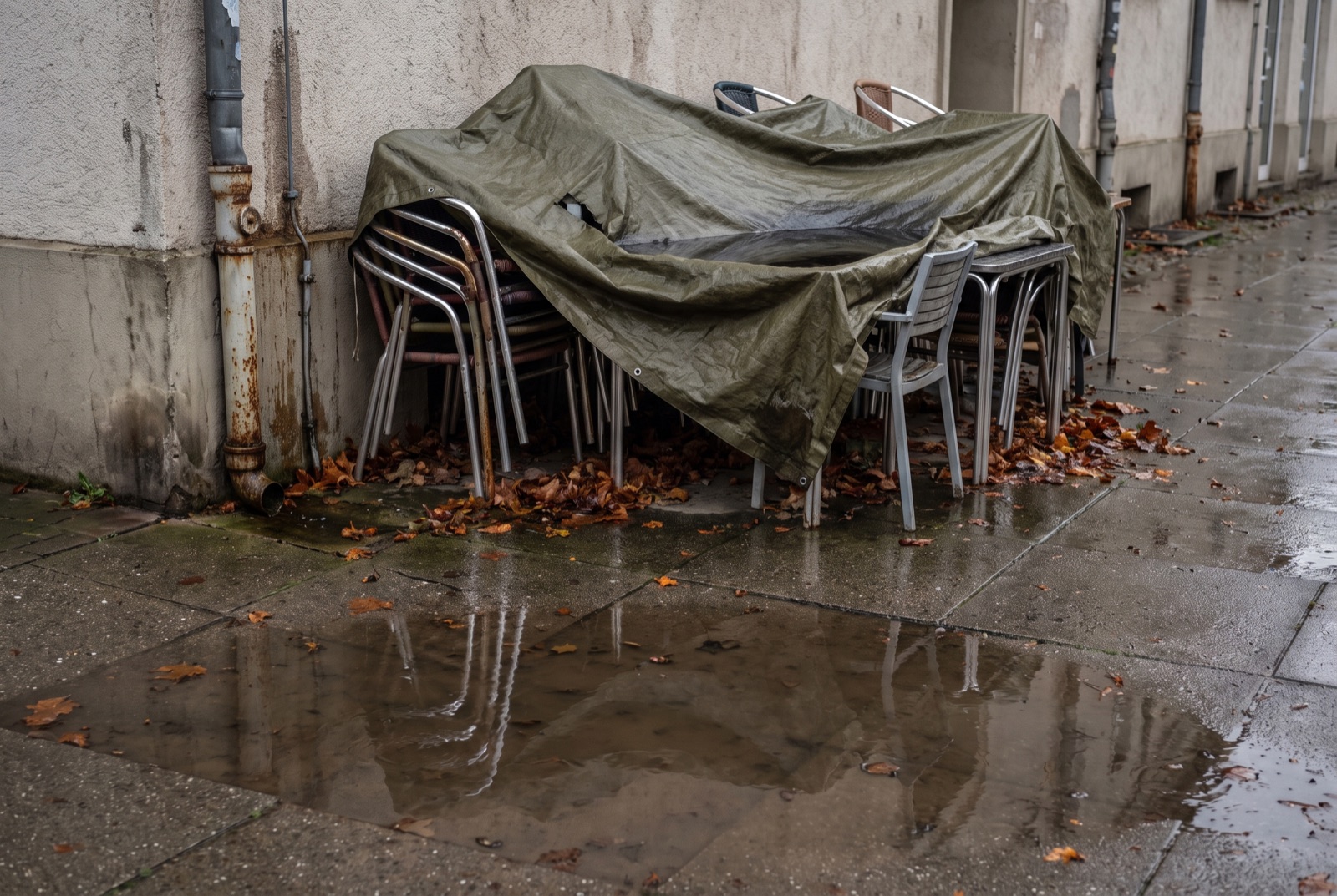 Zusammengestellte Stühle unter einer Plane vor einem geschlossenen Café an einem Regentag