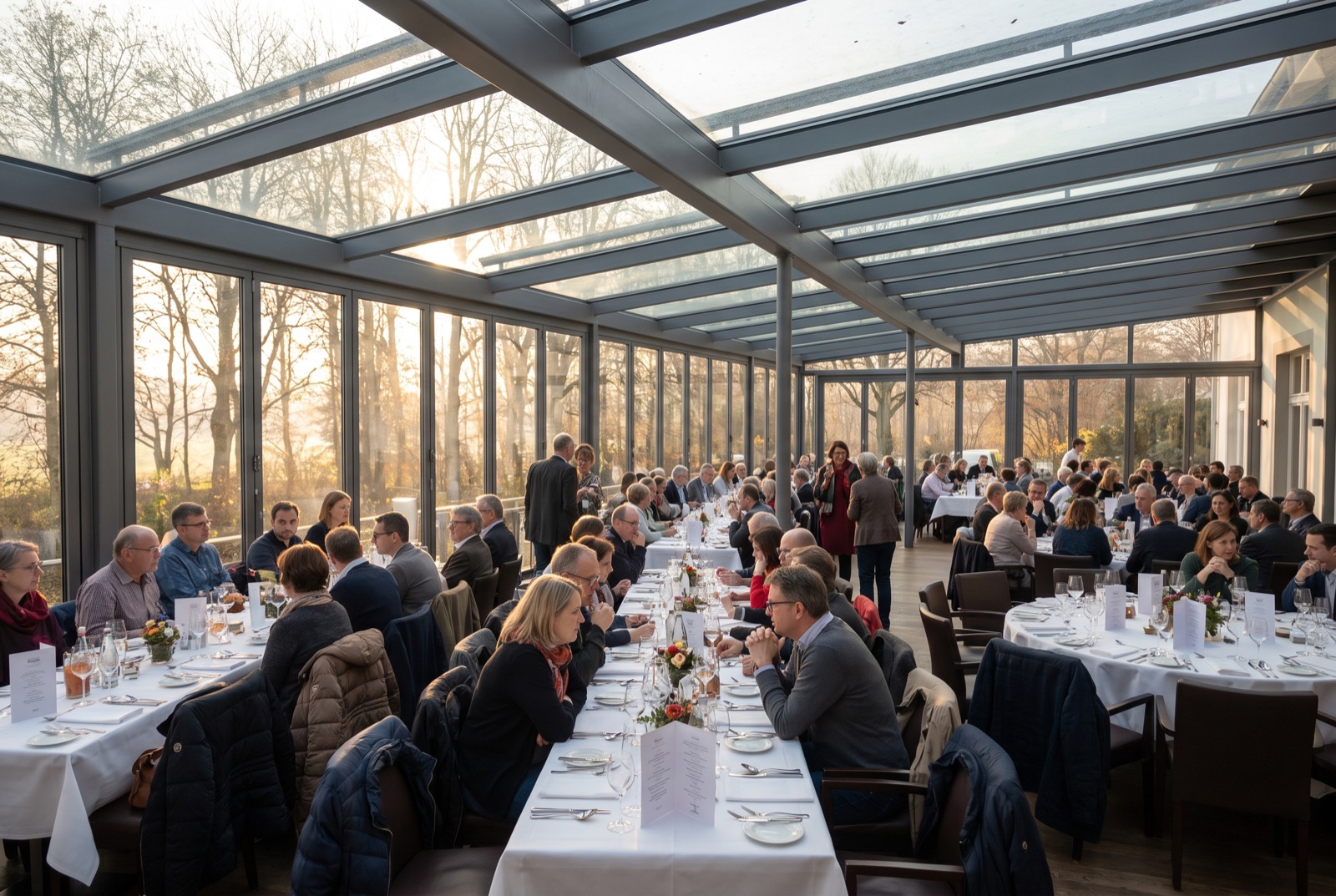 Gastronomisch genutzter Kaltwintergarten mit flach geneigtem Glasdach und Glasschiebeelementen im Spätherbst