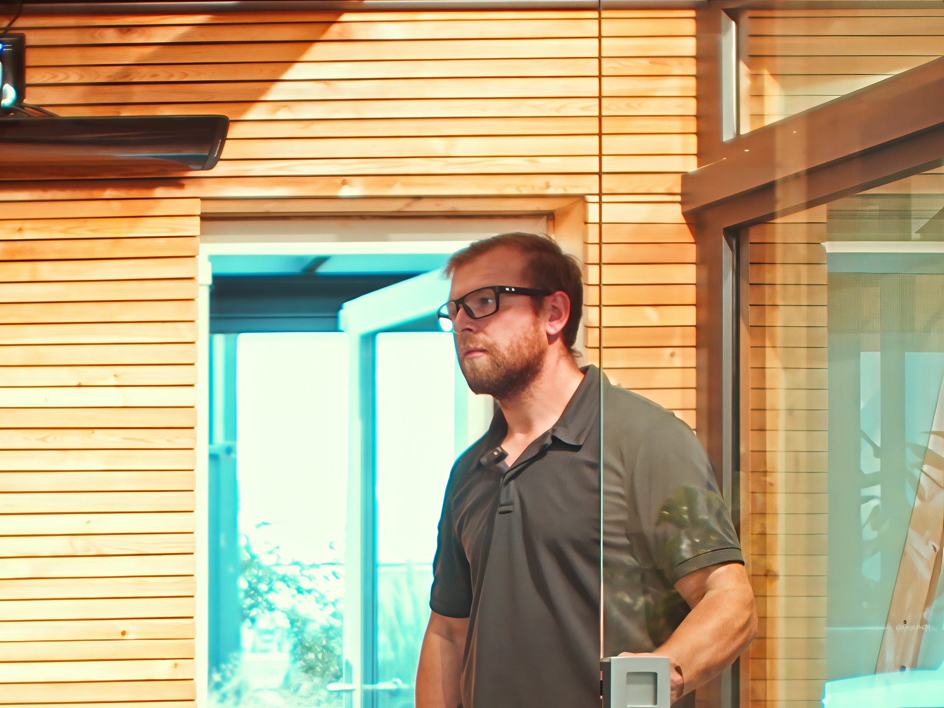 Felix Till steht in einem verglasten Kaltwintergarten mit Holzwand und Lounge-Möbeln in der Ausstellung