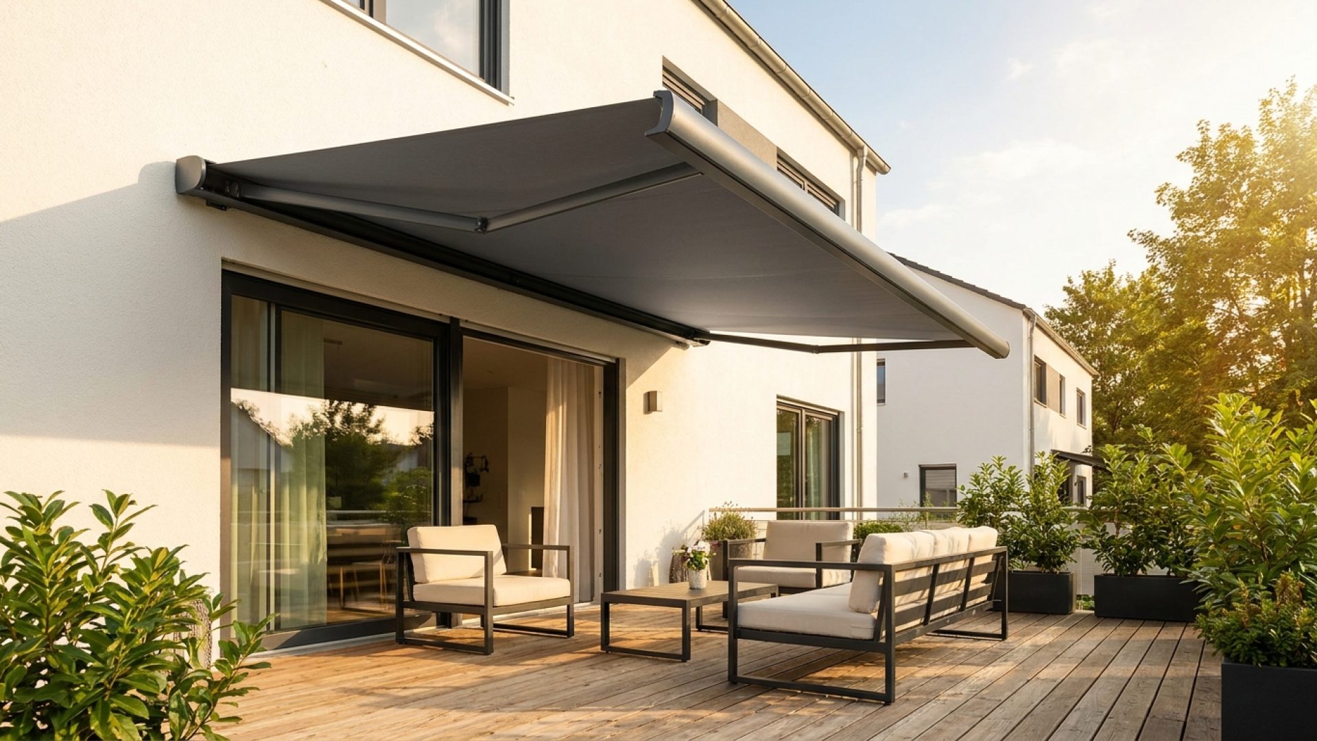 Leiner CENTO Vollkassettenmarkise 4x3 m horizontal ausgefahren über einer Terrasse